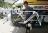 Mechanic of Columbia HTC team is preparing bike of Bert Grabsch before the start of the team time trial of the fourth stage of Tour de France from Montpellier to Montpellier (39 km).  The fourth stage was held on Tuesday, 7th of July.  <br> 
