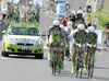 Team Liquigas riding at the team time trial of the fourth stage of Tour de France from Montpellier to Montpellier (39 km).  The fourth stage was held on Tuesday, 7th of July.  <br> 
