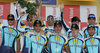 Winning team Astana at the flower ceremony of the team time trial of the fourth stage of Tour de France from Montpellier to Montpellier (39 km).  The fourth stage was held on Tuesday, 7th of July.  <br> 
