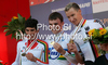 Winner Jack Bobridge of Australia (M), second placed Nelson Oliveira of Portugal (L) and third placed Patrick Gretsch of Germany (R) celebrate their medals won in men U23 UCI Road cycling World Championships time trial race in Mendrisio, Switzerland. 33.2km long men U23 time trial race was held in Mendrisio, Switzerland, on 23rd of September 2009.
