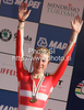 Third placed Linda Melanie Villumsen of Denmark celebrates her medal won in women UCI Road cycling World Championships time trial race in Mendrisio, Switzerland. 26.8km long women time trial race was held in Mendrisio, Switzerland, on 23rd of September 2009.
