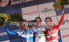Winner Kristin Armstrong of USA (M), second placed Noemi Cantele of Italy (L) and third placed Linda Melanie Villumsen of Denmark (R) celebrate their medals won in women UCI Road cycling World Championships time trial race in Mendrisio, Switzerland. 26.8km long women time trial race was held in Mendrisio, Switzerland, on 23rd of September 2009.
