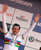 Winner Fabian Cancellara of Switzerland celebrates his medal won in Men Elite UCI Road cycling World Championships time trial race in Mendrisio, Switzerland. 49.8km long Men Elite time trial race was held in Mendrisio, Switzerland, on 24th of September 2009.
