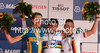 Winner Fabian Cancellara of Switzerland (M), second placed Gustav Larsson of Sweden (L), and third placed Tony Martin of Germany (R) celebrate their medals won in Men Elite UCI Road cycling World Championships time trial race in Mendrisio, Switzerland. 49.8km long Men Elite time trial race was held in Mendrisio, Switzerland, on 24th of September 2009.
