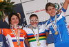 Winner Tatiana Guderzo of Italy (M), second placed Marianne Vos of Netherlands (L) and third placed Noemi Cantele of Italy (R) celebrating their medals won in Women Elite UCI Road cycling World Championships road race in Mendrisio, Switzerland. 124.2km long Women Elite road race was held in Mendrisio, Switzerland, on 26th of September 2009.
