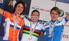 Winner Tatiana Guderzo of Italy (M), second placed Marianne Vos of Netherlands (L) and third placed Noemi Cantele of Italy (R) celebrating their medals won in Women Elite UCI Road cycling World Championships road race in Mendrisio, Switzerland. 124.2km long Women Elite road race was held in Mendrisio, Switzerland, on 26th of September 2009.
