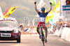 Winner Romain Sicard of France celebrating his victory when crossing finish line of Men U23 UCI Road cycling World Championships road race in Mendrisio, Switzerland. 179.4km long Men U23 road race was held in Mendrisio, Switzerland, on 26th of September 2009.
