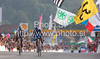 Second placed Betancur Gomez Carlos Alberto of Colombia (L) outsprints third placed Egor Silin of Russia (R) on finish line of Men U23 UCI Road cycling World Championships road race in Mendrisio, Switzerland. 179.4km long Men U23 road race was held in Mendrisio, Switzerland, on 26th of September 2009.

