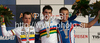 Winner Romain Sicard of France (M), second placed Betancur Gomez Carlos Alberto of Colombia (L) and third placed Egor Silin of Russia (R) celebrating their medals won in Men U23 UCI Road cycling World Championships road race in Mendrisio, Switzerland. 179.4km long Men U23 road race was held in Mendrisio, Switzerland, on 26th of September 2009.
