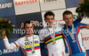 Winner Romain Sicard of France (M), second placed Betancur Gomez Carlos Alberto of Colombia (L) and third placed Egor Silin of Russia (R) celebrating their medals won in Men U23 UCI Road cycling World Championships road race in Mendrisio, Switzerland. 179.4km long Men U23 road race was held in Mendrisio, Switzerland, on 26th of September 2009.
