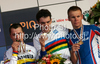Winner Romain Sicard of France (M), second placed Betancur Gomez Carlos Alberto of Colombia (L) and third placed Egor Silin of Russia (R) celebrating their medals won in Men U23 UCI Road cycling World Championships road race in Mendrisio, Switzerland. 179.4km long Men U23 road race was held in Mendrisio, Switzerland, on 26th of September 2009.
