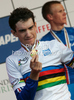 Winner Romain Sicard of France celebrating his medal won in Men U23 UCI Road cycling World Championships road race in Mendrisio, Switzerland. 179.4km long Men U23 road race was held in Mendrisio, Switzerland, on 26th of September 2009.
