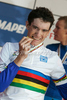 Winner Romain Sicard of France celebrating his medal won in Men U23 UCI Road cycling World Championships road race in Mendrisio, Switzerland. 179.4km long Men U23 road race was held in Mendrisio, Switzerland, on 26th of September 2009.
