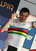 Winner Cadel Evans of Australia celebrating his medal won in Men Elite UCI Road cycling World Championships road race in Mendrisio, Switzerland. 262.2km long Men Elite road race was held in Mendrisio, Switzerland, on 27th of September 2009.
