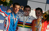 Winner Cadel Evans of Australia (M), second placed Alexandr Kolobnev of Russia (L) and third placed Joaquin Rodriguez Oliver of Spain (R) celebrating their medals won in Men Elite UCI Road cycling World Championships road race in Mendrisio, Switzerland. 262.2km long Men Elite road race was held in Mendrisio, Switzerland, on 27th of September 2009.
