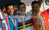 Winner Cadel Evans of Australia (M), second placed Alexandr Kolobnev of Russia (L) and third placed Joaquin Rodriguez Oliver of Spain (R) celebrating their medals won in Men Elite UCI Road cycling World Championships road race in Mendrisio, Switzerland. 262.2km long Men Elite road race was held in Mendrisio, Switzerland, on 27th of September 2009.
