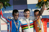 Winner Cadel Evans of Australia (M), second placed Alexandr Kolobnev of Russia (L) and third placed Joaquin Rodriguez Oliver of Spain (R) celebrating their medals won in Men Elite UCI Road cycling World Championships road race in Mendrisio, Switzerland. 262.2km long Men Elite road race was held in Mendrisio, Switzerland, on 27th of September 2009.
