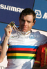 Winner Cadel Evans of Australia celebrating his medal won in Men Elite UCI Road cycling World Championships road race in Mendrisio, Switzerland. 262.2km long Men Elite road race was held in Mendrisio, Switzerland, on 27th of September 2009.
