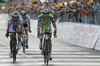 From L to R: third placed Michele Scarponi of Italy (Androni Giocattoli Diquigiov) and second placed Ivan Basso of Italy (Liquigas Doimo) finishing the 14th stage of Giro d Italia from Ferrara to Asolo. The stage was 205 km long. The 14th stage of Giro d Italia 2010 from Ferrara to Asolo was held on Saturday, 22nd of May 2010 in Italy.

