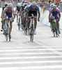 From L to R: seventh placed Bauke Mollema of Nederland (Rabobank), sixth placed Branislau Samoilau of Belarus (Quickstep) and Damiano Cunego of Italy (Lampre Farnese Vini) finishing the 14th stage of Giro d Italia from Ferrara to Asolo. The stage was 205 km long. The 14th stage of Giro d Italia 2010 from Ferrara to Asolo was held on Saturday, 22nd of May 2010 in Italy.
