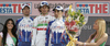 The best team of the stage in general classification Team Katusha with Fillippo Pozzato in jersey of Italian national champion (in the middle) at flower ceremony of the 14th stage of Giro d Italia from Ferrara to Asolo. The stage was 205 km long. The 14th stage of Giro d Italia 2010 from Ferrara to Asolo was held on Saturday, 22nd of May 2010 in Italy.
