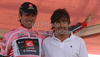 In pink jersey as the best rider in overall classification David Arroyo Duran of Spain (Caisse D epargne) with Fernando Alonso (F1 driver) riding the indivudal time trial of the 16th stage of Giro dItalia from St. Vigil (San Vigilio di Marebbe) to Kronplatz (Plan de Corones). The individual time trial was 12,9 km long. The 16th stage of Giro dItalia 2010 from St. Vigil (San Vigilio di Marebbe) to Kronplatz (Plan de Corones) was held on Tuesday, 25th of May 2010 in Italy.
