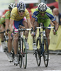 Winner Grega Bole of Lampre-NGC (L) and second placed Daniele Bennati of Liquigas-Doimo (R) sprinting in finish of second stage of Tour de Slovenie 2010. Second stage of 18th Tour de Slovenie 2010 in length of 166km was leading cyclists from Ljubljana, Slovenia, to Villach, Austria. First stage was held on Friday, 18th of June 2010.
