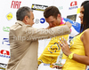 Winner Grega Bole of Lampre-NGC putting on yellow jersey after second stage of Tour de Slovenie 2010. Second stage of 18th Tour de Slovenie 2010 in length of 166km was leading cyclists from Ljubljana, Slovenia, to Villach, Austria. First stage was held on Friday, 18th of June 2010.
