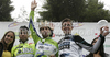 Winner Vincenzo Nibali of Liquigas-Doimo (M), second placed Giovanni Visconti of ISD-Neri (L) and third placed Chris Anker Sorensen of Team Saxo Bank (R) celebrating their medals after third stage of Tour de Slovenie 2010. Third stage of 17th Tour de Slovenie 2010 in length of 171km was leading cyclists from Bled, Slovenia, to Krvavec, Slovenia. Third stage was held on Saturday, 19th of June 2010.
