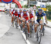 Rider of Vacansoleil Pro Cycling Team leading peloton during fourh and last stage of Tour de Slovenie 2010. Fourth stage of 17th Tour de Slovenie 2010 in length of 157km was leading cyclists from Brezice, Slovenia, to Novo Mesto, Slovenia. Fourth stage was held on Sunday, 20th of June 2010.
