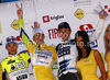 Winner Vincenzo Nibali of Liquigas-Doimo (M), second placed Giovanni Visconti of ISD-Neri (L) and third placed Chris Anker Sorensen of Team Saxo Bank (R) celebrating their medals after fourth and last stage of Tour de Slovenie 2010. Fourth stage of 17th Tour de Slovenie 2010 in length of 157km was leading cyclists from Brezice, Slovenia, to Novo Mesto, Slovenia. Fourth stage was held on Sunday, 20th of June 2010.
