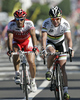 Stephane Auge of France (Cofidis, Le Credit en Ligne) and Cadel Evans of Australia (BMC Racing Team) finishing the first stage of the 97th Tour de France from Rotterdam (Netherlands) to Bruxelles (Belgium). The stage was 223,5 km long. The first stage of 97th of Tour de France 2010 from Rotterdam to Bruxelles was held on Sunday, 4th of July 2010 in Netherlands and Belgium.
