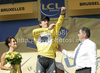 In the yellow as the best rider in overall classification Fabian Cancellara of Switzerland (Team Saxo Bank) at the flower ceremony after the first stage of the 97th Tour de France from Rotterdam (Netherlands) to Bruxelles (Belgium). The stage was 223,5 km long. The first stage of 97th of Tour de France 2010 from Rotterdam to Bruxelles was held on Sunday, 4th of July 2010 in Netherlands and Belgium.
