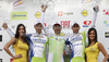 Winner Robert Vrecer of Slovenia (Team Perutnina Ptuj) in the middle, second placed Kristjan Koren of Slovenia (Team Liquigas-Cannondale) left and third placed Vincenzo Nibali of Italy (Team Liquigas-Cannondale) right, at the flower ceremony of the first stage of Tour de Slovenie 2011. The first stage / prologue was 6,6 km long and it was held on Thursday, 16th of June, 2011 in Ljubljana, Slovenia.
