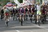 Winner Elia Viviani of Italy (Team Liquigas-Cannondale) on the right, second placed Grega Bole of Slovenia (Team Lampre - ISD) in the middle and third placed Giovanni Visconti of Italy (Team Farnese Vini-Neri Sottoli) riding during the second stage of Tour de Slovenie 2011. The second stage from Koper to Nova Gorica was 189,6 km long and it was held on Friday, 17th of June, 2011 in Slovenia.

