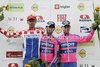 Winner Diego Ulissi of Italy (Team Lampre - ISD) in the middle, second placed Radoslav Rogina of Croatia (Team Loborika Favorit Team) on the left and third placed Simon Spilak of Slovenia (Team Lampre - ISD) on the right at the flower ceremnoy of third stage of Tour de Slovenie 2011. The third stage from Trzic to Golte was 170,6 km long and it was held on Saturday, 18th of June, 2011 in Slovenia.
