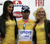 In yellow jersey Diego Ulissi of Italy (Team Lampre - ISD) as the leading rider in general classification at the flower ceremnoy of third stage of Tour de Slovenie 2011. The third stage from Trzic to Golte was 170,6 km long and it was held on Saturday, 18th of June, 2011 in Slovenia.
