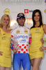 In the polka dot jersey as the best climber in general classification Diego Ulissi of Italy (Team Lampre - ISD) at the flower ceremony of the fourth stage of Tour de Slovenie 2011. The fourth stage from Ptuj to Novo mesto was 181 km long and it was held on Sunday, 19th of June, 2011 in Slovenia.
