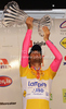 In the yellow jersey as the winner of the Tour de Slovenie Diego Ulissi of Italy (Team Lampre - ISD) at the flower ceremony of the fourth stage of Tour de Slovenie 2011. The fourth stage from Ptuj to Novo mesto was 181 km long and it was held on Sunday, 19th of June, 2011 in Slovenia.

