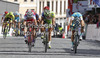 Winner Simone Ponzi of Italy (Astana Pro team) right, second placed Marko Kump of Slovenia (Adria Mobil) left and third placed Daniele Ratto of Italy (Liquigas Butanplin) in the middle are finishing the first stage of Tour de Slovenie 2012. The first stage from Celje to Novo mesto was 152 km long and it was held on Thursday, 14th of June, 2012 in Slovenia.
