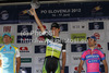 Winner Daryl Impey of South Africa (Orica Green Edge) in the middle, second placed Simone Ponzi of Italy (Astana Pro Team) at left and third placed Diego Ulissi of Italy (Team Lampre ISD) at right at the flower ceremony of the second stage of Tour de Slovenie 2012. The second stage from Kocevje to Metlika was 177,4 km long and it was held on Friday, 15th of June, 2012 in Slovenia.
