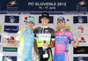 Winner Daryl Impey of South Africa (Orica Green Edge) in the middle, second placed Simone Ponzi of Italy (Astana Pro Team) at left and third placed Diego Ulissi of Italy (Team Lampre ISD) at right at the flower ceremony of the second stage of Tour de Slovenie 2012. The second stage from Kocevje to Metlika was 177,4 km long and it was held on Friday, 15th of June, 2012 in Slovenia.
