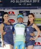 Simone Ponzi of Italy (Astana Pro Team) in green jersey as the best cyclist in points classification at the flower ceremony of the second stage of Tour de Slovenie 2012. The second stage from Kocevje to Metlika was 177,4 km long and it was held on Friday, 15th of June, 2012 in Slovenia.
