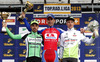 Second placed Matej Marin of Slovenia (Team RC Arbo Wels Gourmetfein, left), winner Radoslav Rogina of Croatia (Team Adria Mobil, middle) and third placed Remco Broers of Netherlands (Team Vorarlberg, right) at the flower ceremony of the cycling race of the 15th Grand prix Sencur 2013. Cycling race of 15th Grand prix Sencur was held on Sunday, 7th of April, 2013 in Sencur, Slovenija
