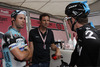 Left: Mark Cavendish of Great Britain (Omega Pharma Quickstep Cycling Team) talking to Bradley Wiggins of Great Britain (Team Sky Procycling) at the start of the stage 11 of the Giro di Italia 2013 from Tarvisio to Vajont (Erto e Casso). The stage 11 from Tarvisio to Vajont (Erto e Casso) was 182 km long and it was held on Wednesday, 15th of May 2013 in Italy.
