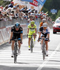 Salvatore Puccio of Italy (Team Sky Procycling, left), Danilo Di Luca of Italy (Team Vini Fantini, middle) and Paul Martens of Germany (Blanco Pro Cycling Team, right) finishing the stage 11 of the Giro di Italia 2013 from Tarvisio to Vajont (Erto e Casso). The stage 11 from Tarvisio to Vajont (Erto e Casso) was 182 km long and it was held on Wednesday, 15th of May 2013 in Italy.
