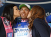 Stefano Pirazzi of Italy (Team Bardiani Valvole CSF Inox) in the blue jersey as the best rider in mountain classification at the flower ceremony of the stage 11 of the Giro di Italia 2013 from Tarvisio to Vajont (Erto e Casso). The stage 11 from Tarvisio to Vajont (Erto e Casso) was 182 km long and it was held on Wednesday, 15th of May 2013 in Italy.
