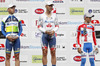 Winner Svein Tuft of Canada (Team Orica - GreenEDGE) in the middle, second placed Brett Lancaster of Australia (Team Orica - GreenEDGE) at the left and third placed Artem Ovechkin of Russia (Team RusVelo) at right at the flower ceremony of the individual time trial at the the first stage of Tour de Slovenie 2013. The first stage in Ljubljana centre was 8,8 km long and it was held on Thursday, 13th of June, 2013 in Ljubljana, Slovenia.
