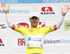 Winner Svein Tuft of Canada (Team Orica - GreenEDGE) in the yellow jersey as the best rider in the general classification at the flower ceremony of the individual time trial at the the first stage of Tour de Slovenie 2013. The first stage in Ljubljana centre was 8,8 km long and it was held on Thursday, 13th of June, 2013 in Ljubljana, Slovenia.
