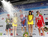 Winner Radoslav Rogina of Croatia (Team Adria Mobil) in the middle, second placed Jan Polanc of Slovenia (Team Radenska) at left and third placed Patrik Sinkewitz of Germany (Team Meridiana Kamen) at right at the flower ceremony of the third stage of Tour de Slovenie 2013. The third stage from Skofja Loka to Vrsic was 170 km long and it was held on Saturday, 15th of June, 2013 in Slovenia.

